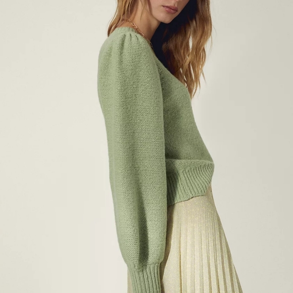 Aritzia Wilfred Atwood Sweater Tan Size Small Pima Cotton Blend With Puff Sleeve - Picture 8 of 9